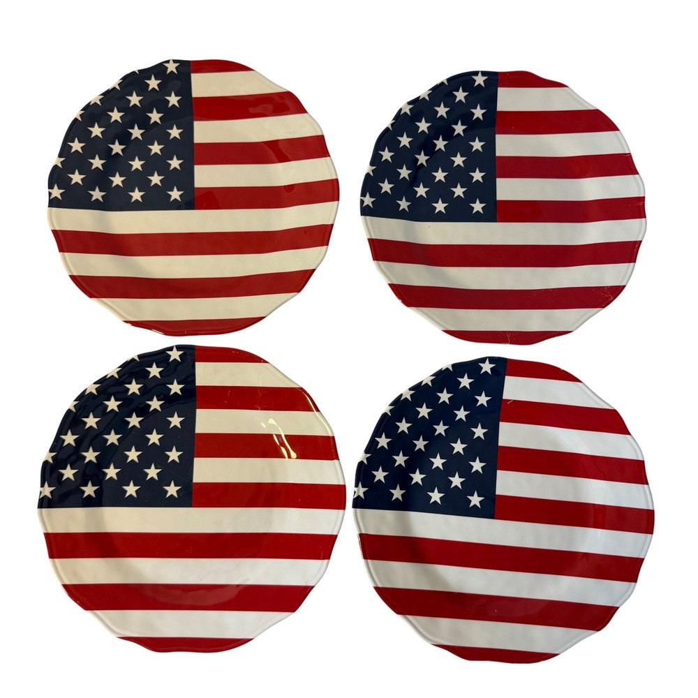 Pier 1 Imports American Flag Melamine Dinner Plates Set of 4 Scalloped 10.5in